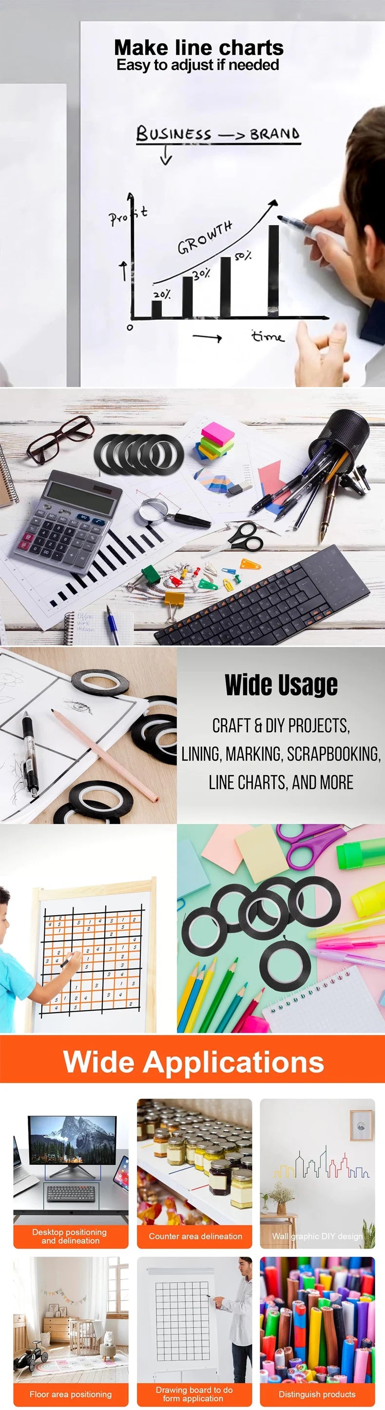 6 Rolls 216.5 Feet Whiteboard Tape Thin White Board Marking Tape Lines Pinstripe Dry Erase Art Tape Graphic Chart Grid 1/8 Inch
