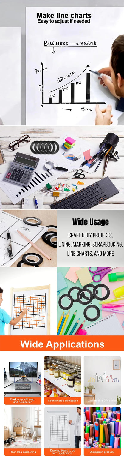 6 Rolls 216.5 Feet Whiteboard Tape Thin White Board Marking Tape Lines Pinstripe Dry Erase Art Tape Graphic Chart Grid 1/8 Inch