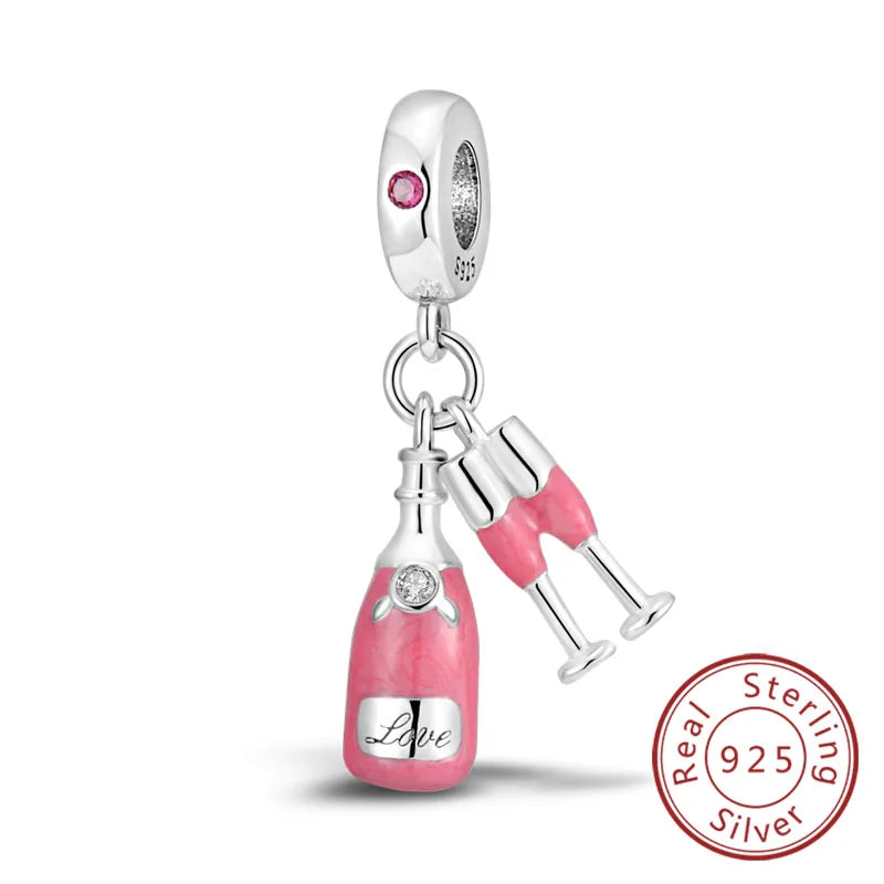 Dijes de plata de ley 925 originales, abalorios de cristal de vino, taza de café, dije colgante para pulseras de mujer, joyería DIY, regalo