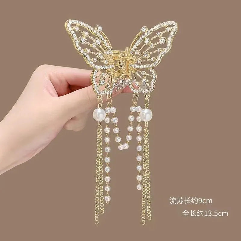 Glitter Shark Grip Clips Korean Style Sweet Romantic Hair Claws Butterfly Shape Girls Pearl Tassel Metal Jewelry Hair Accessory
