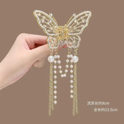Glitter Shark Grip Clips Korean Style Sweet Romantic Hair Claws Butterfly Shape Girls Pearl Tassel Metal Jewelry Hair Accessory