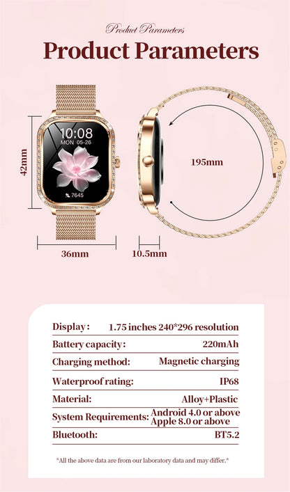 2026 New Fashion Women Diamond Smartwatch Heart Rate Blood Pressure Monitor Music Playback AI Voice Sports BT Calling SmartWatch