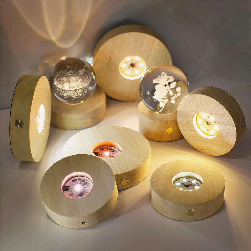 Creative DIY Wooden Luminous Lamp Holder Touch Switch Rechargeable LED Light Display Base Crystal Glass Resin Art Ornament