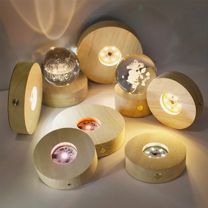 Creative DIY Wooden Luminous Lamp Holder Touch Switch Rechargeable LED Light Display Base Crystal Glass Resin Art Ornament