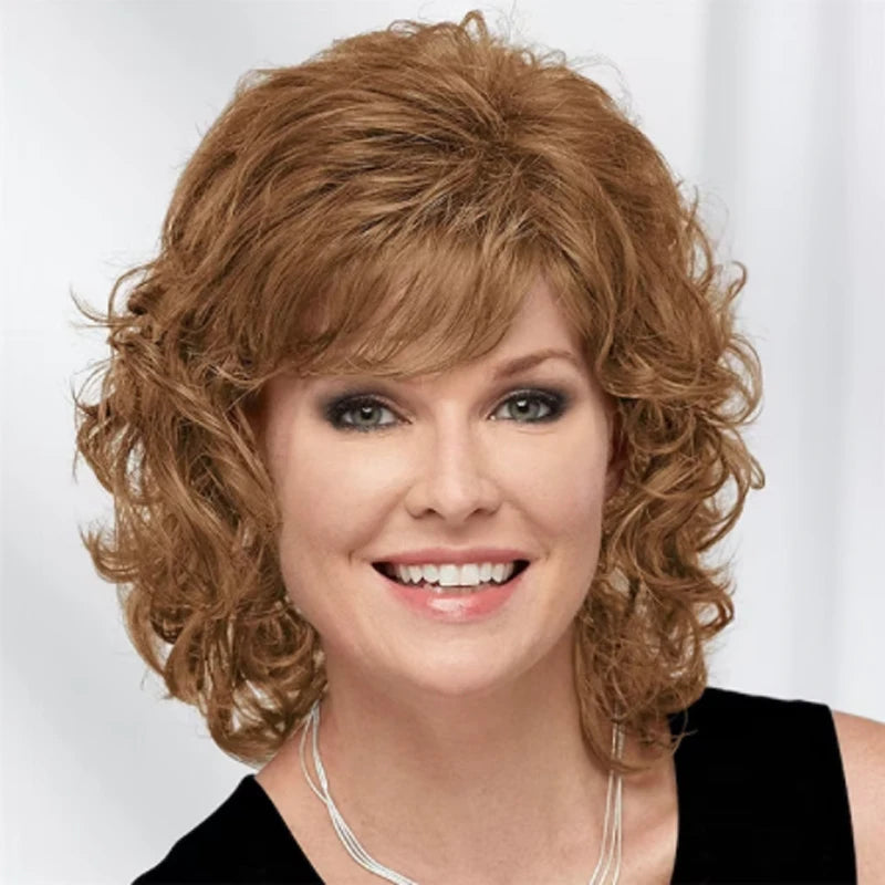 Women Synthetic Hair Wigs, Short Curly with Bangs, Shoulder Length  Blonde Grey White Brown Wig, HAIRJOY