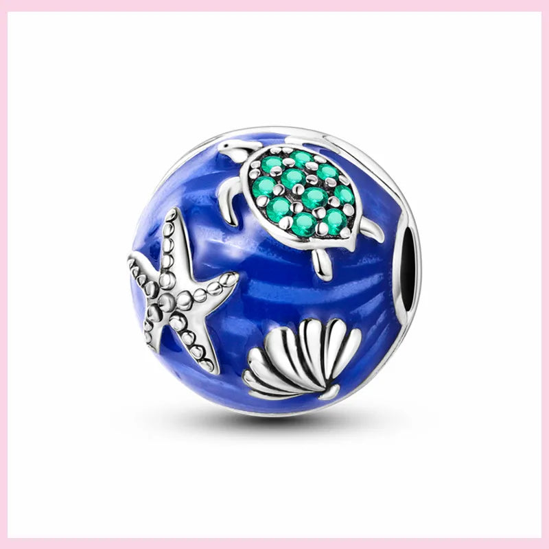 PAMELA 925 Sterling Silver Sea Turtle Starfish Blue Charm Dolphin Octopus Shell Bead For Original Charms Bracelets Ocean Jewelry