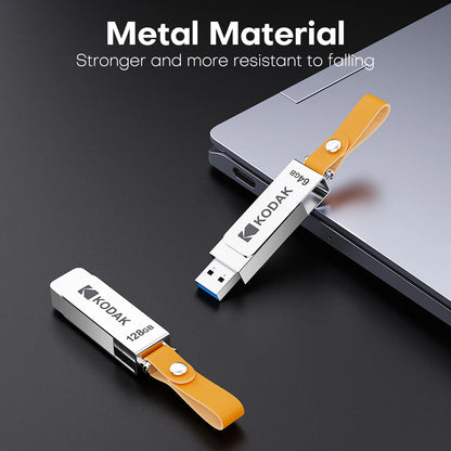 Kodak K133 USB 3.1 Flash Drive 64GB 128GB 256GB 512GB Read Speed 120MB/s Metal Body Leather Band USB3.1 Pen Drive for PC & HD-TV