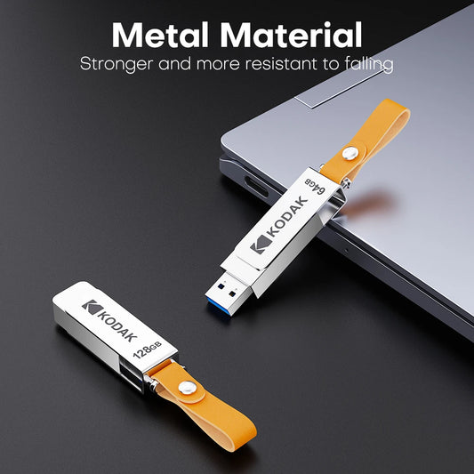 Kodak K133 USB 3.1 Flash Drive 64GB 128GB 256GB 512GB Read Speed 120MB/s Metal Body Leather Band USB3.1 Pen Drive for PC & HD-TV
