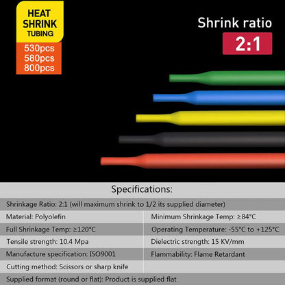 164/328/530/560/580/800PCS Heat Shrink Tubing 2:1 Electrical Wire Cable Wrap Assortment Electric Insulation Heat Shrink Tube Kit