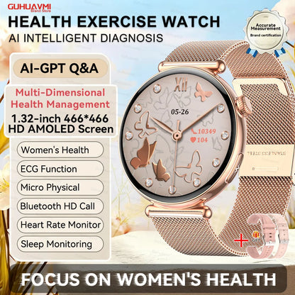 1.32''AMOLED Screen Women Smartwatch Call ECG Sport Watch Blood Pressure Micro Physical Examination DIY Dial Smart Watches Woman