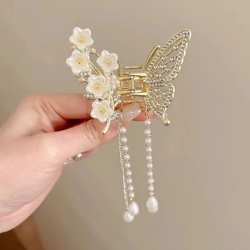 Glitter Shark Grip Clips Korean Style Sweet Romantic Hair Claws Butterfly Shape Girls Pearl Tassel Metal Jewelry Hair Accessory
