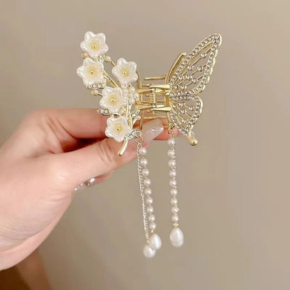 Glitter Shark Grip Clips Korean Style Sweet Romantic Hair Claws Butterfly Shape Girls Pearl Tassel Metal Jewelry Hair Accessory
