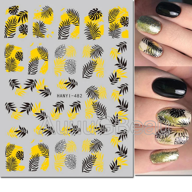 3d Nail Art Decals Tropical Palm Leaves Flowers Laces Faces Adhesive Sliders Nail Stickers Decoration For Nail Manicure