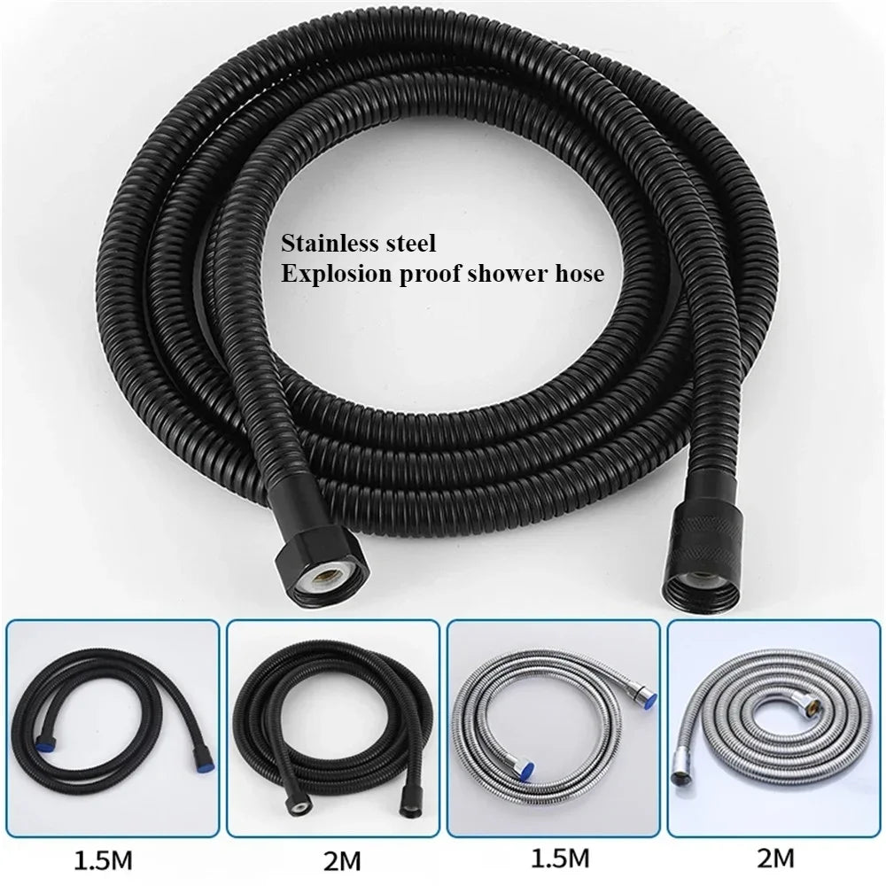1.5/2M Black/Silver SUS 304 Flexible Shower Hose Long Bathroom Shower Pipe Extension Water Pipe Pull Pipe Bathroom Accessories