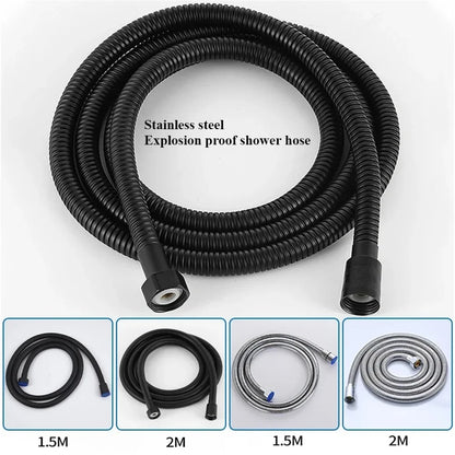 1.5/2M Black/Silver SUS 304 Flexible Shower Hose Long Bathroom Shower Pipe Extension Water Pipe Pull Pipe Bathroom Accessories
