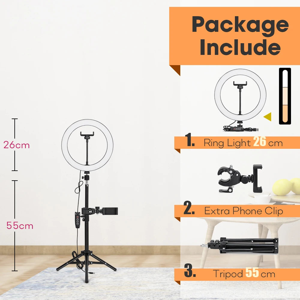 Tripod With LED Ring Light For Phone, Tripod Camera Stand Selfie Photography Light LED Lamp Color Photo Studio For YouTube Live