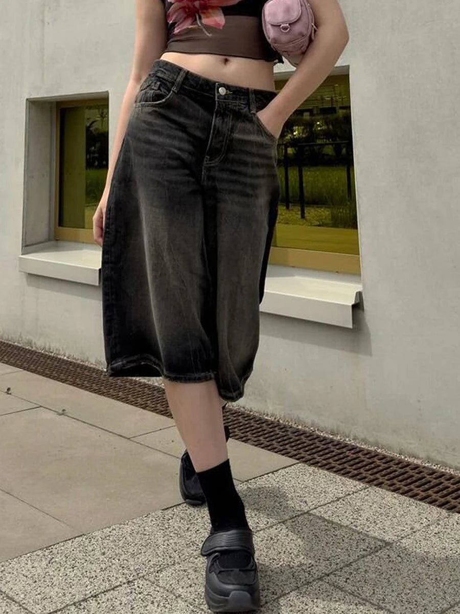 Women's Trendy Knee Length Denim Shorts, Low Waisted Stretchy Bermuda Jean Shorts, Baggy Cargo Jorts Y2K Vintage Streetwear