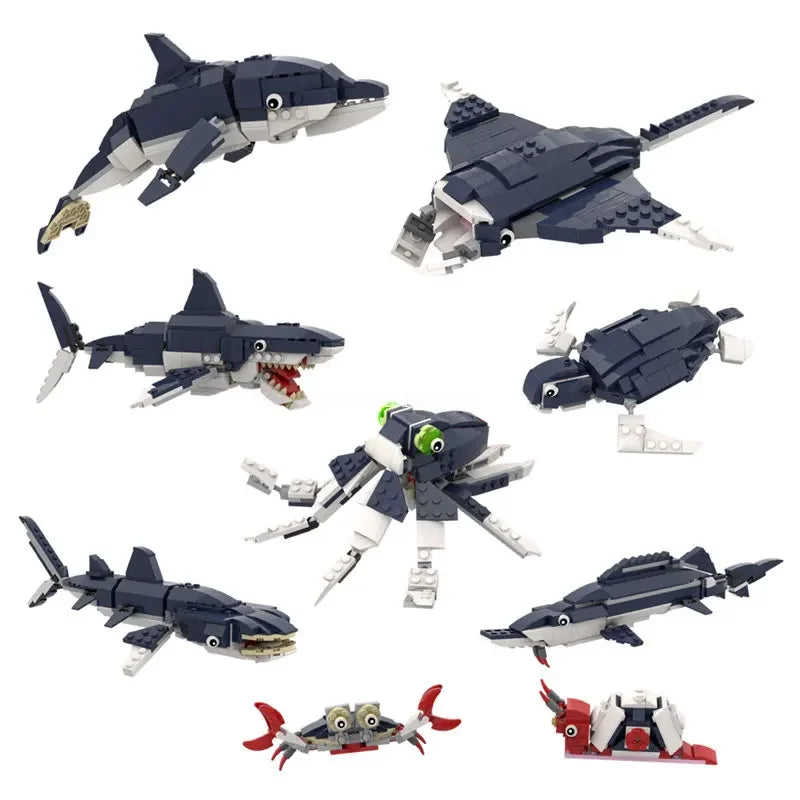 MOC Marine Animals Shark Whale Megalodon Building Blocks Set Deep Sea Rescue Fish Bricks Educational Assembly Model Toys Gifts
