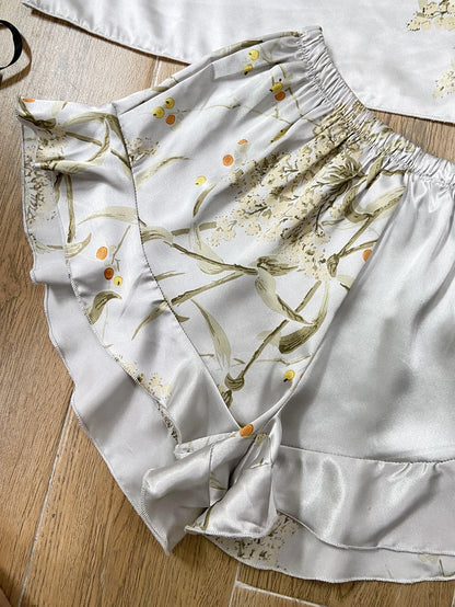 Elegant Floral Print Cami Tops Ruffle Hem Shorts Pajama Set, Women's Sleepwear, Loungewear