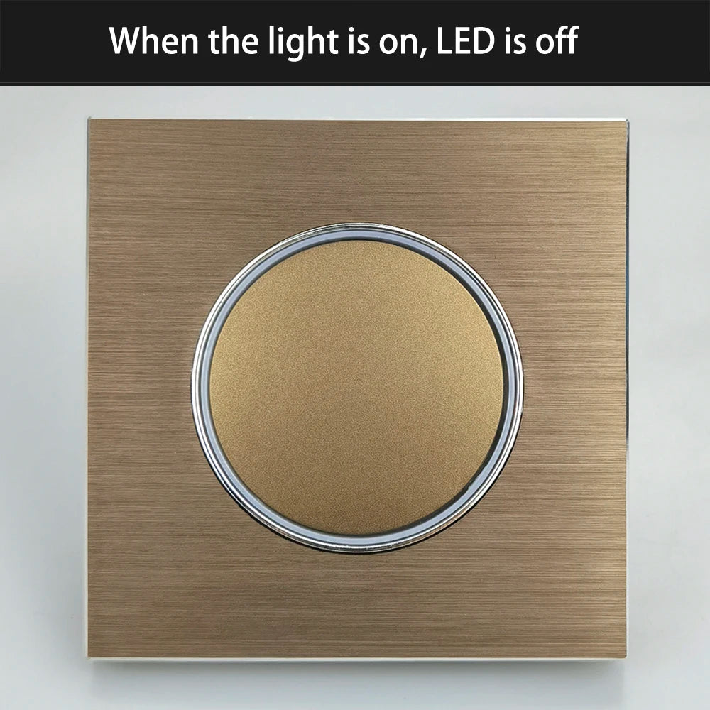 Wallpad Wall Switch 1 Way 2 Way, Circle Round Button, Blue LED Indicator, Brushed Aluminum Finishing, Black Gold SIlver Brown