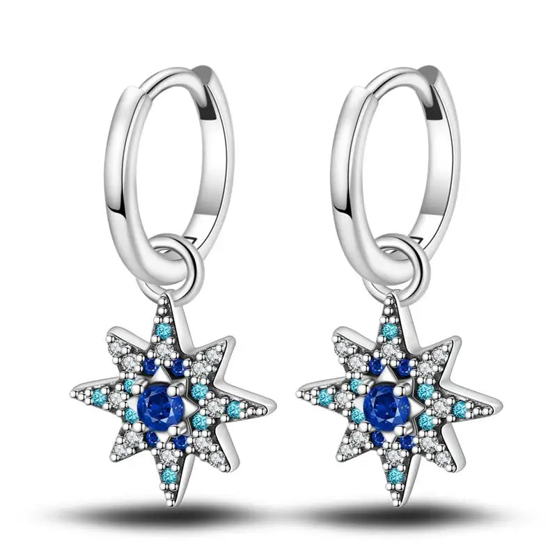 925 Sterling Silver Moon Universe Starry Sky Series Charm Earrings Women Blue Shiny Zircon Daily Wear Jewelry