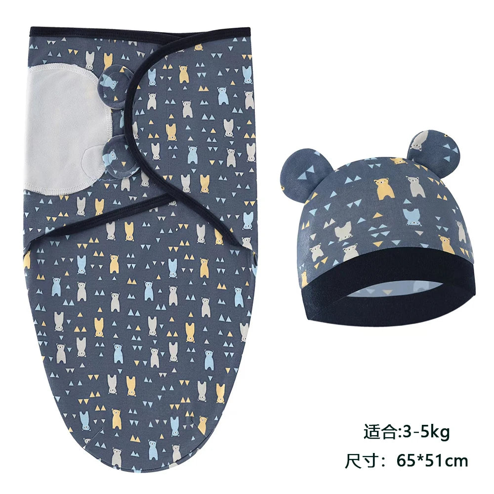 Baby Blanket Hat Set, Cartoon Printed Cotton Newborn Swaddle, Adjustable Infant Sleeping Swaddle Wraps, All Seasons, 0-6 Months