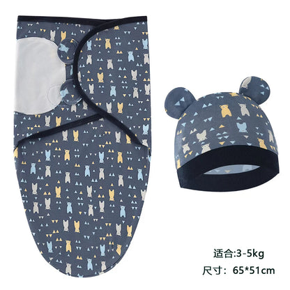 Baby Blanket Hat Set, Cartoon Printed Cotton Newborn Swaddle, Adjustable Infant Sleeping Swaddle Wraps, All Seasons, 0-6 Months