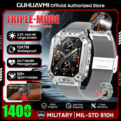 2026 Military outdoor SmartWatch Fitness Clock Men 2.01 inch AMOLED Screen 1400mAh Battery Flashlight Call Waterproof Smart Band