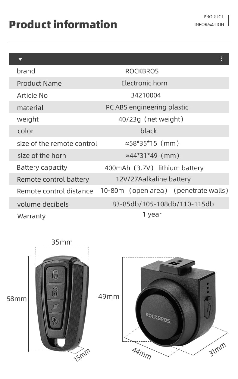 ROCKBROS Bicycle Bell Type-C Vibration Anti-Theft Electric Bike Alarm Horn with Wireless Remote Control Security Alarm System