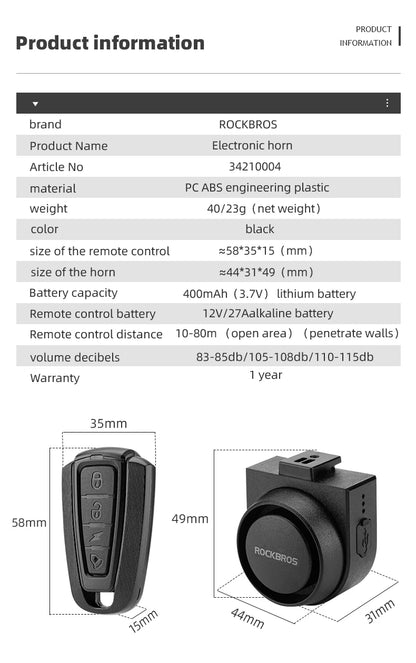 ROCKBROS Bicycle Bell Type-C Vibration Anti-Theft Electric Bike Alarm Horn with Wireless Remote Control Security Alarm System