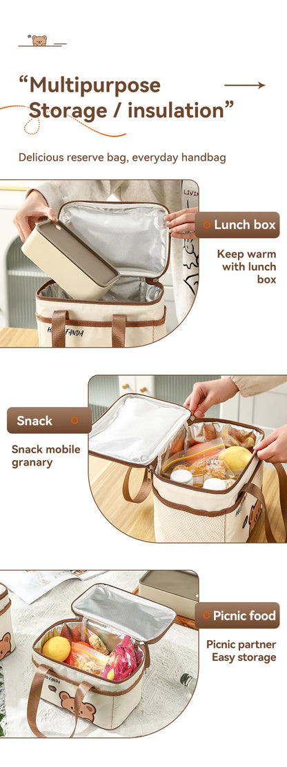 WORTHBUY Cute Thermal Lunch Box Bag, Student Portable Large Capacity Insulated Lunch Bag, Waterproof Reusable Picnic Cooler Bag