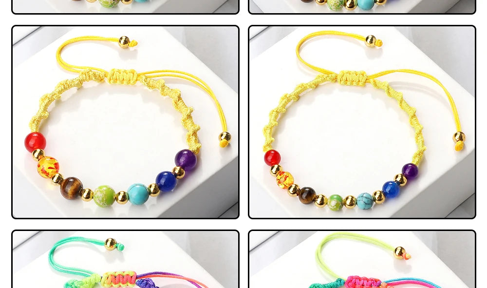 Reiki 7 Chakra Bracelet, Natural Stone Rope, Braided Yoga Healing Gold Color Copper Beads Bracelets & Bangles Meditation Jewelry