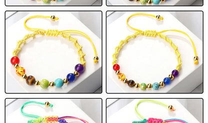 Reiki 7 Chakra Bracelet, Natural Stone Rope, Braided Yoga Healing Gold Color Copper Beads Bracelets & Bangles Meditation Jewelry