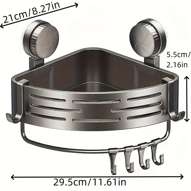 Space-Saving Suction Cup Bathroom Shelf - No Drilling Required, Strong Triangular Rack with Hooks, Suitable for Shower and Toilet