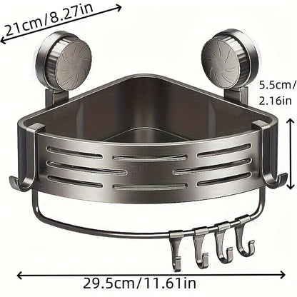 Space-Saving Suction Cup Bathroom Shelf - No Drilling Required, Strong Triangular Rack with Hooks, Suitable for Shower and Toilet