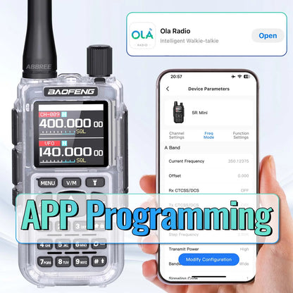 BAOFENG MINI 5 Walkie Talkie Batería 2200mAh Programación Bluetooth por APP Doble PTT Largo Alcance Nuevo Modelo UV-5R MINI Radioaficionado