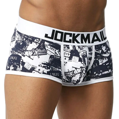 Male Panties, Breathable Boxers, Cotton Men Underwear, U convex pouch Sexy Underpants, Printed leaves Homewear Shorts, JOCKMAIL