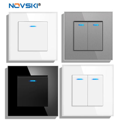 novski Crystal Tempered Glass Panel 1 Gang 1way, 1 Gang 2way, 2 Gang 1way, 2 Gang 2way, Wall Switch with LED Indicator 16A 250V