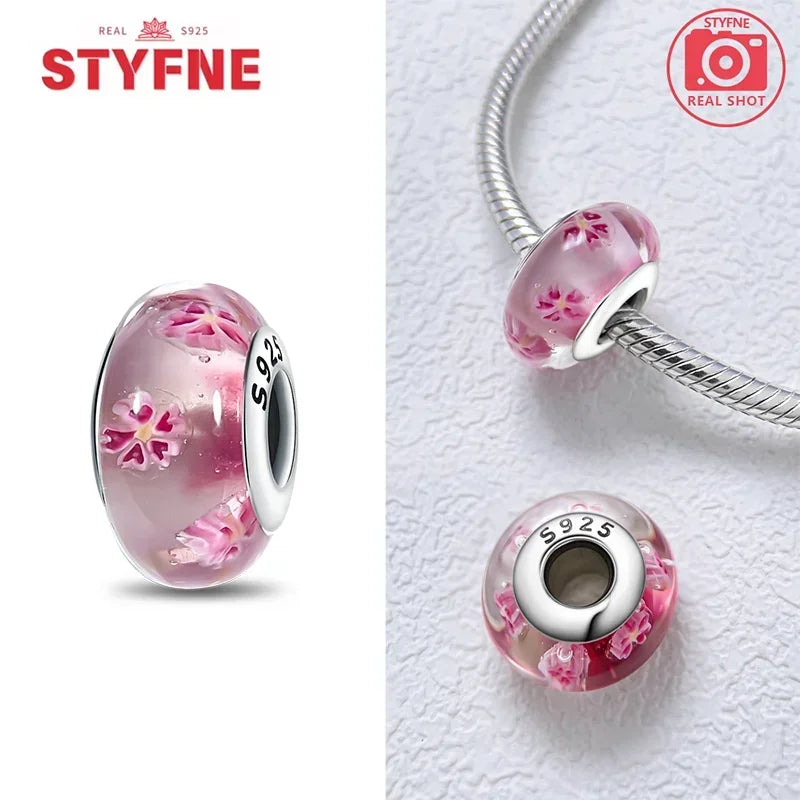 925 Sterling Silver Pink Color Series Beads Heart Flower Murano Glass DIY Jewelry Charms Fit Original Bracelet for Women Fine Gifts
