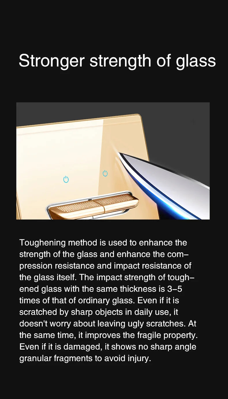 Gold Tempered Glass Wall Switch Panel LED European 16A Socket Retro Toggle Light Switch EU UK Standard 2USB Socket 1Gang-4Gang