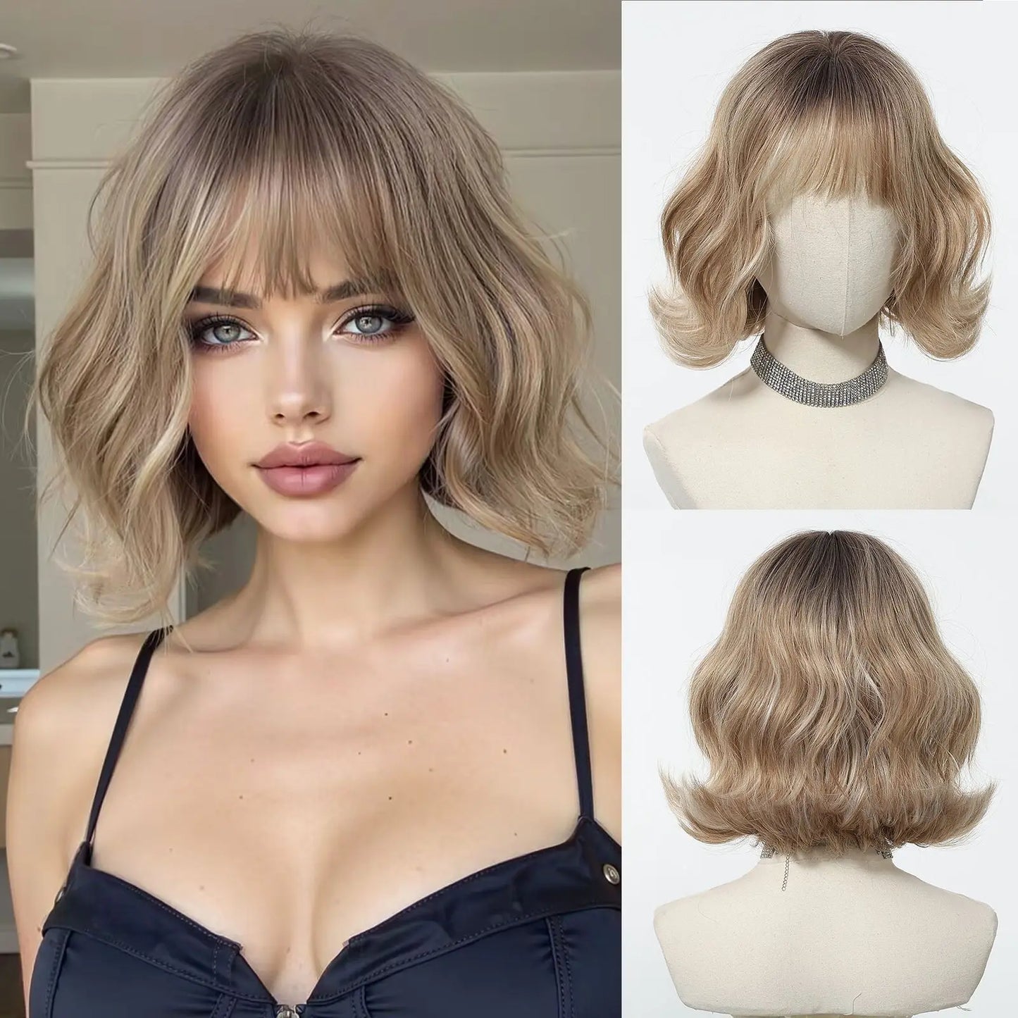 Dark Brown Wavy Bob Synthetic Wigs with Bangs Short  Natural Hair for Women Use Daily Party Cosplay Heat Resistant Fiber
