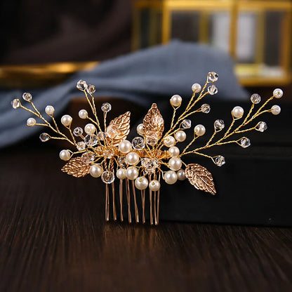 Crystal Pearl Hair Comb Clip Pin Alloy Leaf Hair Comb Handmade Headband Tiara For Women Bride Wedding Hair Accessories Jewelry