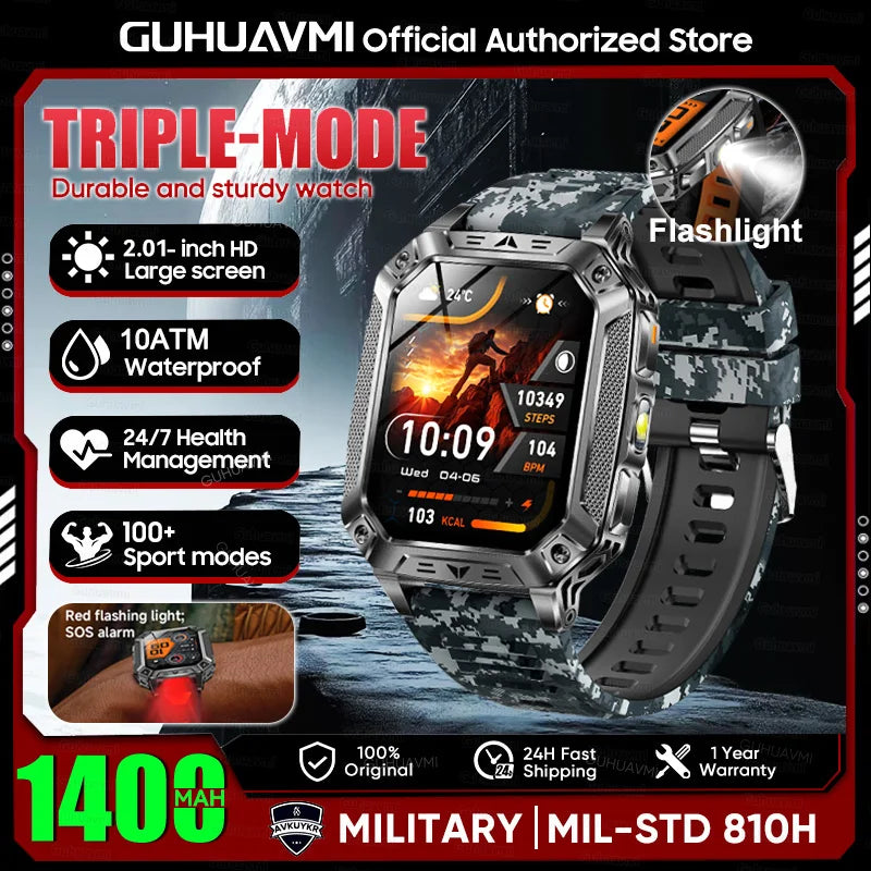 2026 New 1400mAh Large Battery Military Outdoor 2.01 inches Smart watch Men 10ATM Waterproof Bluetooth Call Sports Smart Watch