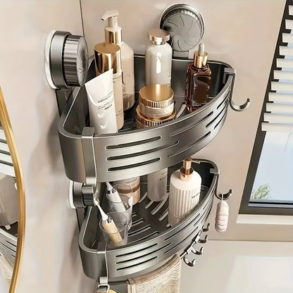 Space-Saving Suction Cup Bathroom Shelf - No Drilling Required, Strong Triangular Rack with Hooks, Suitable for Shower and Toilet