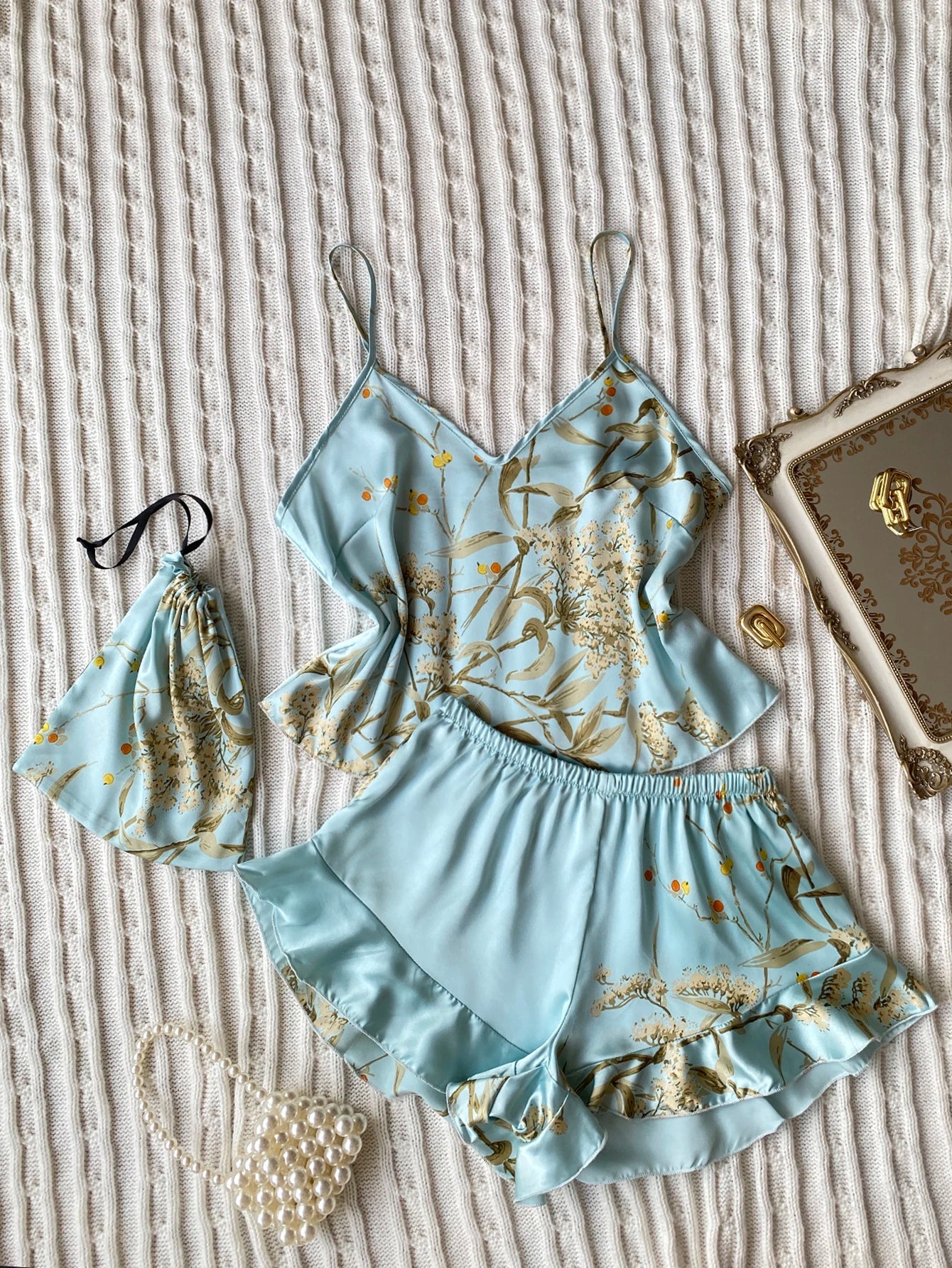 Elegant Floral Print Cami Tops Ruffle Hem Shorts Pajama Set, Women's Sleepwear, Loungewear