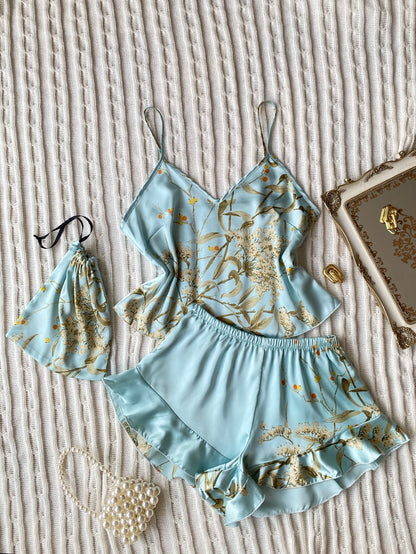 Elegant Floral Print Cami Tops Ruffle Hem Shorts Pajama Set, Women's Sleepwear, Loungewear