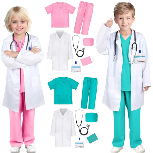 Boys Girls Simulation Doctor Nurse Work Uniform Cross with Toys Sets Kids Clothes Toddler Christmas Xmas Role Play Costume Party