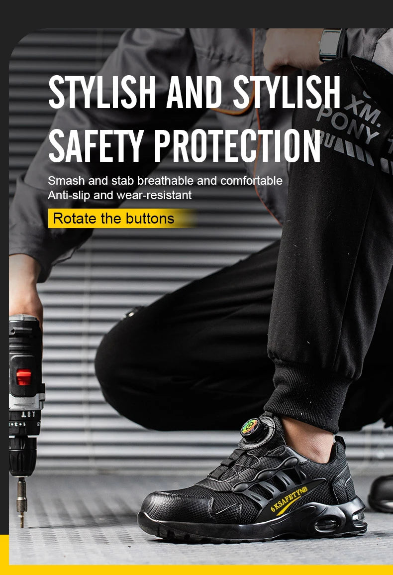 Men Rotating Button Safety Shoes, Steel Toe Work Sneakers, Indestructible Shoes, Puncture-Proof Work Boots, Air Cushion Safety Shoes