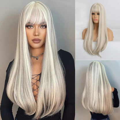 White Long Straight Synthetic Wigs for Women, Colorful Cosplay Party Fake Hair with Bangs, White Wig, HighTemperature Fiber, HENRY MARGU