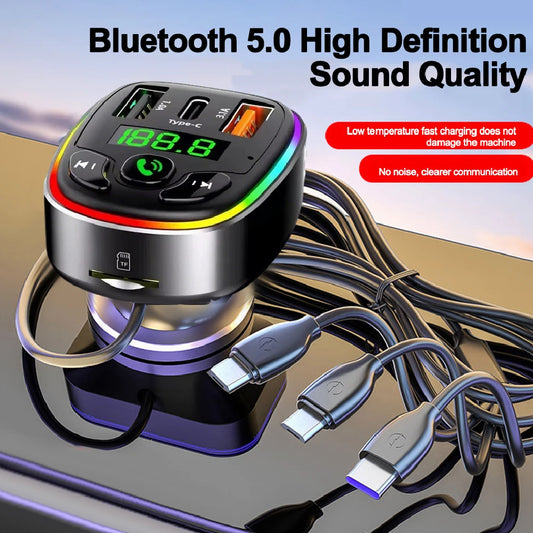 Bluetooth 5.0 FM Transmitter Car MP3 Modulator Player Handsfree Audio Receiver PD+USB Phone Charger With 3-in-1 Charge Cable